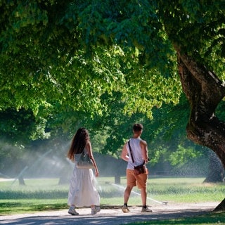 Eine Frau und eine Mann laufen im Sommer durch den Heidelberger Schlosspark. Am Donnerstag könnten wieder Temperatur-Rekorde geknackt werden.