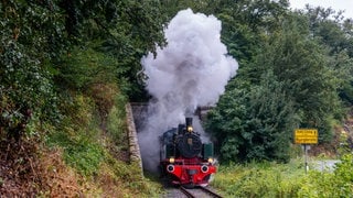 Dampflok 11sm der Brohltalbahn zieht den Vulkan-Express. Die Lokomotive wurde im Jahr 1906 gebaut.