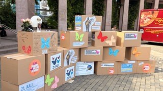 Temporär ist ein Denkmal aus Kartons auf dem Exerzierplatz in Pirmasens aufgestellt. 