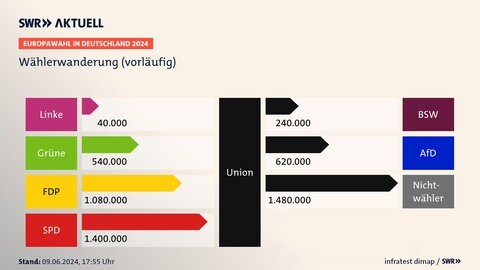 So sieht die Wählerwanderung zwischen den Parteien bei der Europawahl 2024 aus