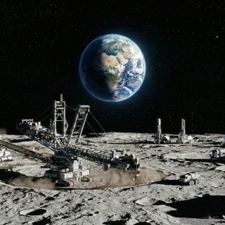Mondoberfläche mit Förderanlagen und Maschine die auf dem Mond Rohstoffe abbauen, mit der Erde im Hintergrund. Bildmontage.
