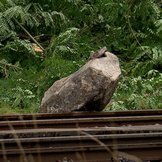 Man sieht einen Felsbrocken, der die Bahngleise in Triberg blockiert.