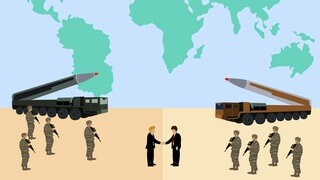 Soldaten und Verhandlungspartner stehen sich gegenüber, dahinter eine Weltkarte (Illustration): Historisch sind Kriege selten in militärischen Entscheidungsschlachten beendet worden. Oft landen die kriegführenden Parteien am Verhandlungstisch. 