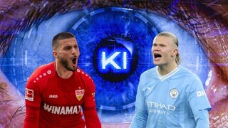 Das Bild zeigt die Spieler Deniz Undav und Erling Haaland. Deniz Undav trägt ein rotes Trikot und jubelt vor einem blauen Hintergrund. Auf der anderen Seite des Bildes ist Erling Haaland in einem blauen Manchester City Trikot zu sehen