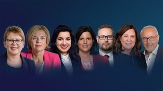 Gäste der Wahlarena in Rheinland-Pfalz: Tanja Machalet, Julia Klöckner, Misbah Khan, Carina Konrad, Sebastian Münzenmaier, Julia-Christina Stange, Alexander Ulrich