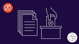 Ein Stapel beschriebene Papiere. Daneben eine Hand. Die Hand wirft einen Stimm·zettel in eine Box. Rechts das SWR Logo für Leichte Sprache. Links das SWR Logo für Wahl. 