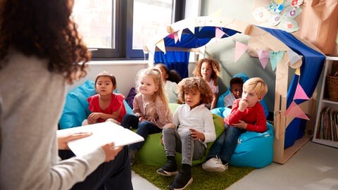 Eine Frau liest Kindern aus einem Buch vor