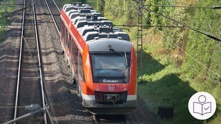Ein Zug fährt auf Gleisen durch einen Wald. Rechts das SWR Logo für Leichte Sprache.