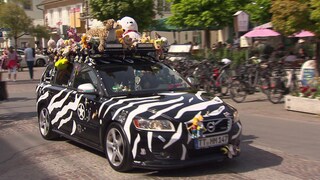 Ein Auto dekoriert mit Plüschtieren.