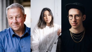 v. l. nach rechts: Matthias Wemhoff (Archäologe), Shuteen Erdenebaatar (Jazz-Pianistin) und Nils Kugelmann (Kontrabassisten und Klarinettist)