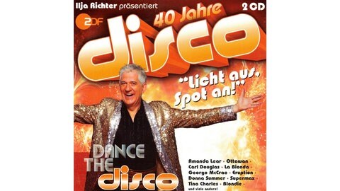 Plattencover von "disco"-Moderator Ilja Richter "40 Jahre disco" Jubiläums-CD. Bekannt wurde Ilja auch durch seine Sketche und die "Pauker"-Filme.