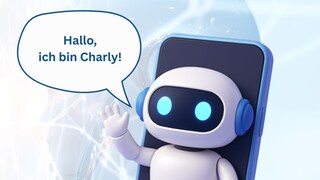 Ein kleiner Roboter sagt in einer Sprechblase: "Hallo, ich bin Charly!"