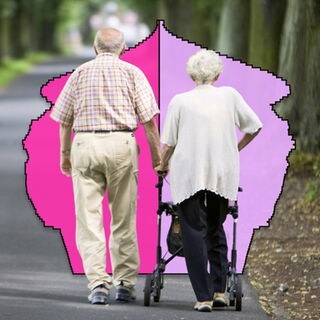 Ein Seniorenehepaar geht eine Allee entlang