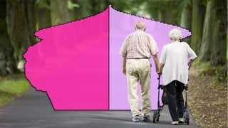 Ein Seniorenehepaar geht eine Allee entlang