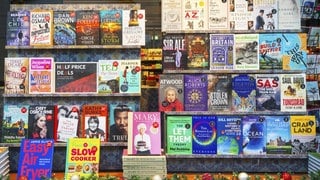 Bunte Bücher im Schaufenster der Buchhandlung Waterstones in Ipswich, England