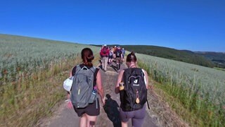 Teilnehmende an der 24-Stunden-Wanderung im Hunsrück laufen auf einem sonnigen Weg zwischen Feldern