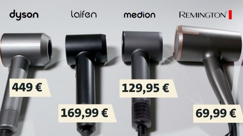 Föhne der Marken Dyson, Laifen, Medion, Remington und Slopehill auf einem Tisch im Preisvergleich. 