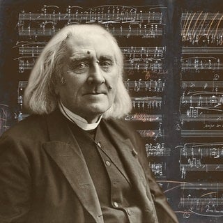 Porträt von Franz Liszt (Fotografie von Nadar) mit den Noten von Années de pèlerinage, Suite für Klavier solo