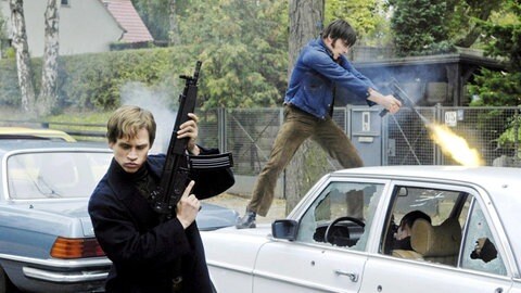Szene aus dem Kinofilm "Der Baader-Meinhof-Komplex“ von 2008 mit Vinzenz Kiefer und Hannes Wegener als RAF-Terroristen Peter-Juergen Book und Willy Peter Stoll