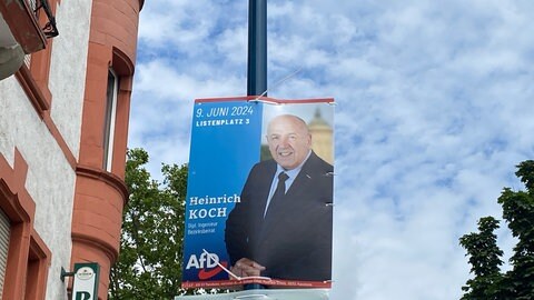 An einem Laternenpfahl hängt ein Wahlplakat der AfD Mannheim