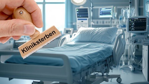 Kliniksterben - Ein Holzstempel ist beschriftet mit dem Aufdruck Kliniksterben über dem Bild von einem Krankenzimmer mit Bett in einem Krankenhaus - FOTOMONTAGE 