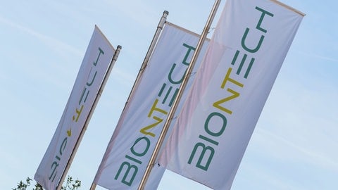 Drei Fahnen mit Schriftzug BIONTECH: Großbritannien fördert BioNTech mit Millionen-Summe für die Krebsforschung.