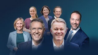 Die Teilnehmer der Wahlarena vor der Landtagswahl in RLP: (v.l) vorne Alexander Schweitzer (SPD) und Gordon Schnieder (CDU), Mitte Katrin Eder (Grüne und Alexander Bollinger (AfD), hinten Rebecca Ruppert (Linke), Daniela Schmitt (FDP) und Joachim Streit (FW)