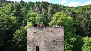 Der Königsbachweg im Nordpfälzer Bergland hat großartige Aussichten zu bieten, wie zum Beispiel von dieser Burgruine.