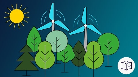 Das Bild ist eine Zeichnung. Das Thema ist: „Wind•räder in einem Wald“. Der Hintergrund ist dunkel•blau. Man sieht viele Bäume. Und Wind•räder. Die Wind•räder sind größer als die Bäume. Und: Die Sonne scheint. Dazu: Das SWR-Zeichen für Leichte Sprache. Es ist ein weißer Kreis. Darin ist eine blaue Zeichnung: Ein Kopf hinter einem Buch. Auf dem Buch ist ein Häkchen. 