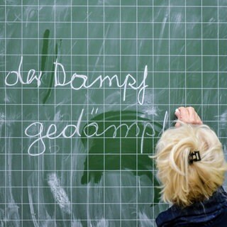 An einer Tafel schreibt eine Frau "der Dampf" und "gedämpft" mit Kreide: Rund sechs Millionen Erwachsene können – trotz Schulabschluss und Job – nur einzelne Sätze lesen oder schreiben. Schon einfache Texte werden zum Problem. 