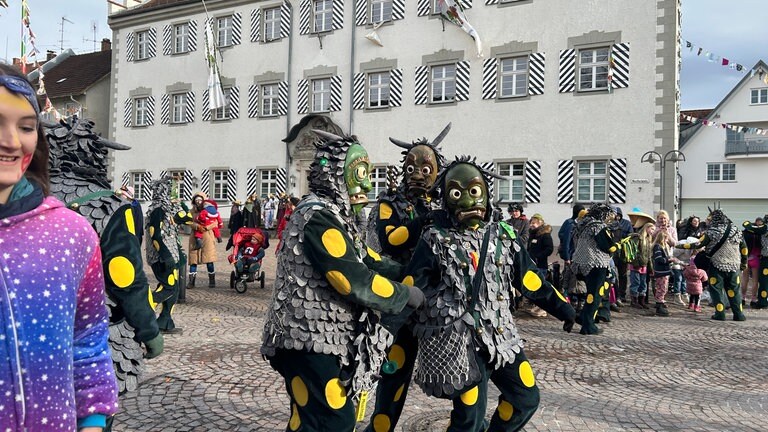 Mitglieder der Narrenzunft d’ Dammglonker aus Langenargen beim Narrensprung 2026 in Tettnang.