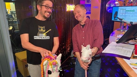 Ingo Lege und Patrick Neelmeier auf Stockpferden im SWR1 Hitparaden-Studio.