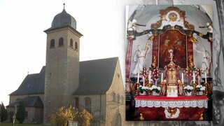 Montage: Kirche Zur Heiligsten Dreifaltigkeit in Bad Mergentheim-Löffelstelzen, daneben: Foto des gestohlenen Holzkreuzes, das nun bei einer Wohnungsdurchsuchung bei dem 25-jährigen mutmaßlichen Dieb wieder aufgetaucht ist.