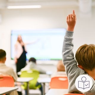 Das ist ein Beispiel·bild: Ein Grund·schüler von hinten fotografiert im Klassen·zimmer. Er hebt die Hand. Rechts das SWR Logo für Leichte Sprache.