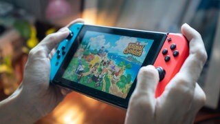 Eine Person hält eine Nintendo Switch in den Händen und spielt Animal Crossing.