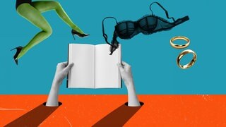 Aus einer orangenen Fläche kommen Hände die ein Buch halten, darüber Beine in High Heels und grünen Strümpfen, ein Spitzen-BH und Eheringe.