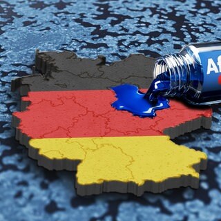 Umriss von Deutschland und ein Glas mit blauer Flüssigkeit läuft auf Sachsen-Anhalt aus