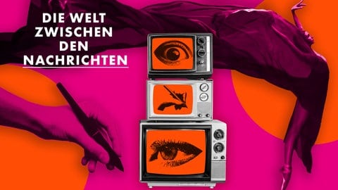 Key Visual in orange Pink, gestapelte Fernseher, tanzende Menschen, Schriftzug