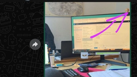 Hinter einem Computerbildschirm an einem Arbeitsplatz versteckt sich der Kopf einer Puppe. Ihr hat William den Namen Jinx gegeben - ein Hinweis? 