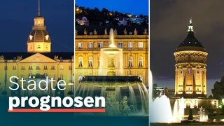 Collage aus Stadtansichten von Stuttgart, Karlsruhe und Mannheim