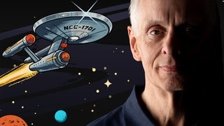 Collage Brandhorst, Raumschiff und 3 Planeten mit Sternen auf schwarzem Hintergrund