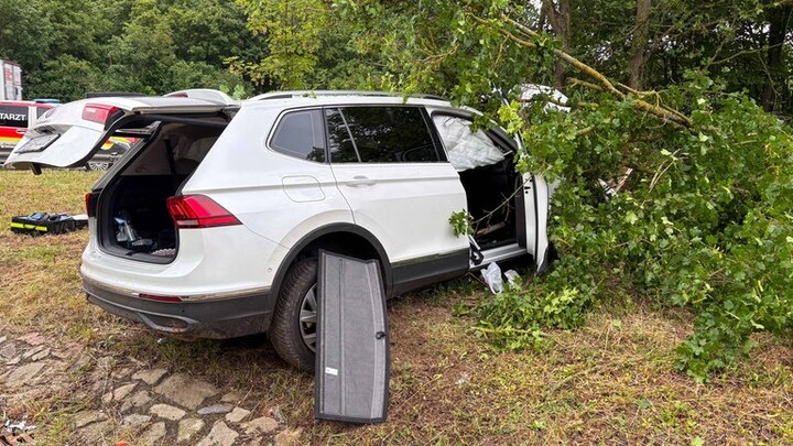 Ein weißes Auto ist gegen einen Baum gekracht. Eine Autofahrerin hat an der Autobahnausfahrt Bingen-Mitte einen Unfall verursacht