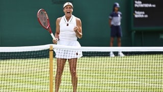Tatjana Maria bejubelt ihren Sieg in der ersten Runde von Wimbledon