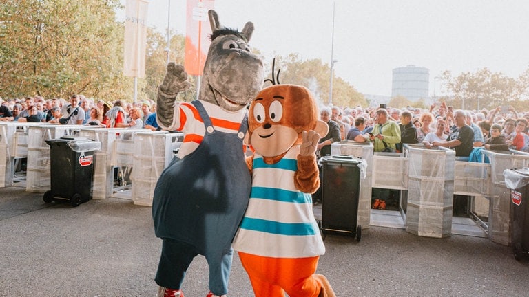 Äffle und Pferdle stehen als Plüschfiguren nebeneinander bei der SWR1 Hitparade 2019.