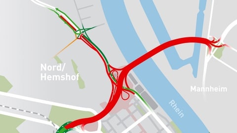 Karte mit Sperrungen rund um die Hochstraße Nord ab dem 5. August: Die Kurt-Schumacher-Brücke ist ab dann in beide Richtungen voll gesperrt. Außerdem ist die Rheinuferstraße Richtung Süden von Hemshoftunnel bis Rhein-Galerie dicht.