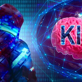 Weltkugel mit Gehirn und Roboter im Vordergrund und dem Text: KI - Künstliche Intelligenz. Symbolbild - KI-Sprachmodell ChatGPT schreibt nur langweilige Drehbücher
