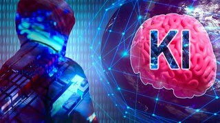 Weltkugel mit Gehirn und Roboter im Vordergrund und dem Text: KI - Künstliche Intelligenz. Symbolbild - KI-Sprachmodell ChatGPT schreibt nur langweilige Drehbücher