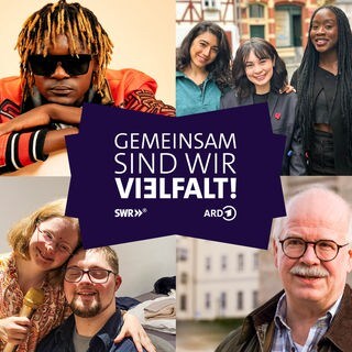 Collage zum Diversitäts-Tag, Mann mit Sonnenbrille und Dreadlocks (Foto privat), junge Frau und junger Mann in Umarmung (Foto privat), drei junge Frauen (@migra_toechter), Mann mit Schnurrbart, zwei Frauen