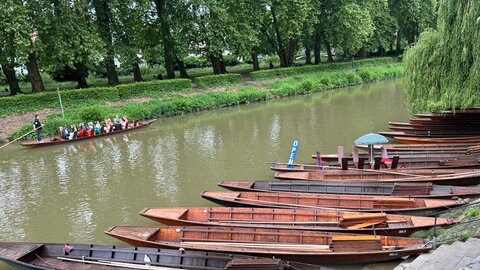 Bei hohem Pegelstand liegen Stocherkähne am Ufer des Neckars in Tübingen. Im Hintergrund fährt ein mit Fahrgästen besetzter Stocherkahn vorbei. | Foto: Leon Spachmann