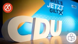 Die Buchstaben CDU in weiß links unten. Blauer Hintergrund mit dem Logo zur Landtags·wahl. Links oben ein weißes Kreuz auf rotem Hintergrund. Rechts das SWR Logo für Leichte Sprache.